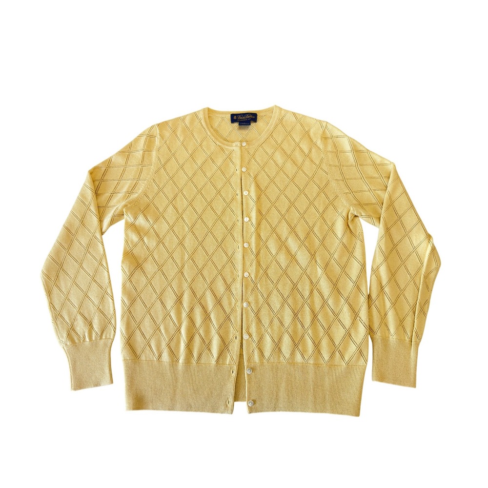 Brooks Brothers Silk Cashmere Cardigan Yellow Diamond Pointelle Sweater Large